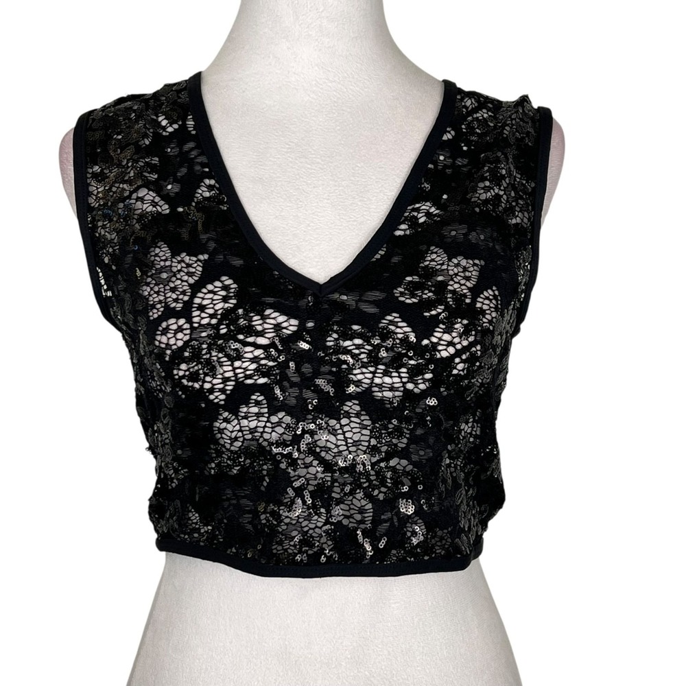 ☘️5/$25 Y2K Mesh Sequin Top XS Sheer Fairy Grunge Witchy Whimsigoth Rave Black